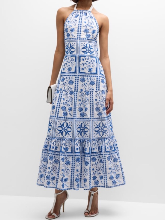 Milly Dresses & Skirts - Milly White and Blue Halter Maxi Dress with Floral Tile Print